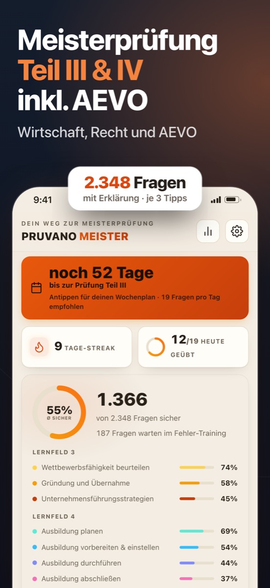 Startbildschirm von Pruvano Meister